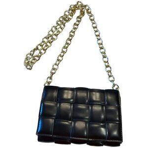 Black Faux Leather Basketweave Chain Shoulder Bag with Magnetic Closure